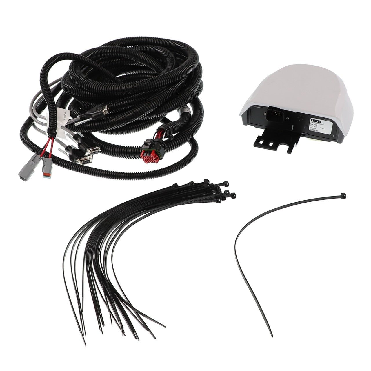 The AGCO | 700S Receiver Kit, Sbas - Acw857594A includes a set of black cords and cables along with a white plastic device housing that features various connectors. It also comes with a bundle of black zip ties. No current product description information is available.