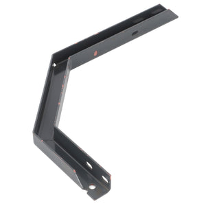 The AGCO | BRACKET - D28180799 from AGCO is a sleek, black angled metal bracket with multiple holes along its sides for versatile mounting options.