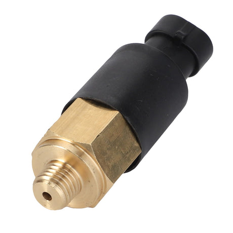 Introducing the AGCO Pressure Switch - Acw4095090, a brass and black plastic pressure sensor with a threaded end and electrical connector, compatible with Valtra Models.