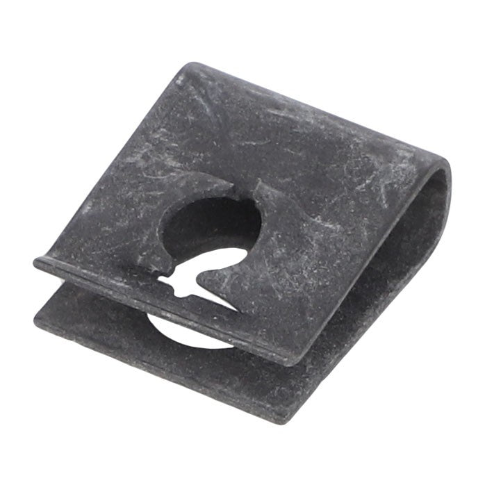 AGCO | U-Nut - Acp0150400: A black metal clip with a square shape and a circular cutout in the center. No current product description available.