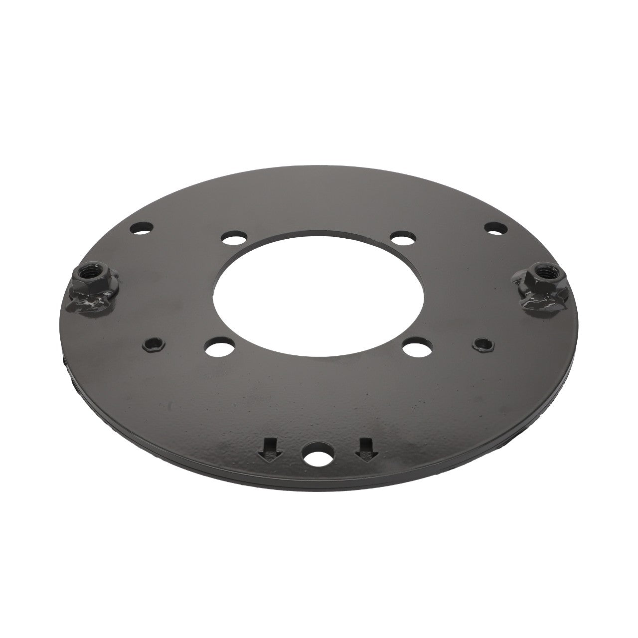 The AGCO Side Wall - Acx2327140 is a circular metallic component featuring multiple holes and two protruding nuts on opposite sides. It has a hollow center and is displayed against a plain white background.