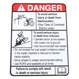 Ensure safety by heeding the AGCO's DECAL - AL11136098 warning sign. It highlights dangers of electrocution and rollovers, urging you to avoid overhead electric wires, utilize rollover protection and seatbelts, and meticulously follow the operator manual instructions. No current product description information is available.