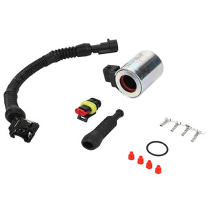 Various automotive electrical components including wires, connectors, seals, and the AGCO | Kit, Coil - Acp0483070 metal cylindrical component arranged on a white background. No current product description available.