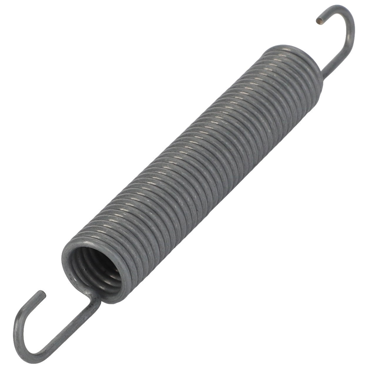 The AGCO Draft Spring - 4280636M1 is a metal coiled tension spring with hooks on both ends, designed for various mechanical applications, and is perfect for equipment from Massey Ferguson.