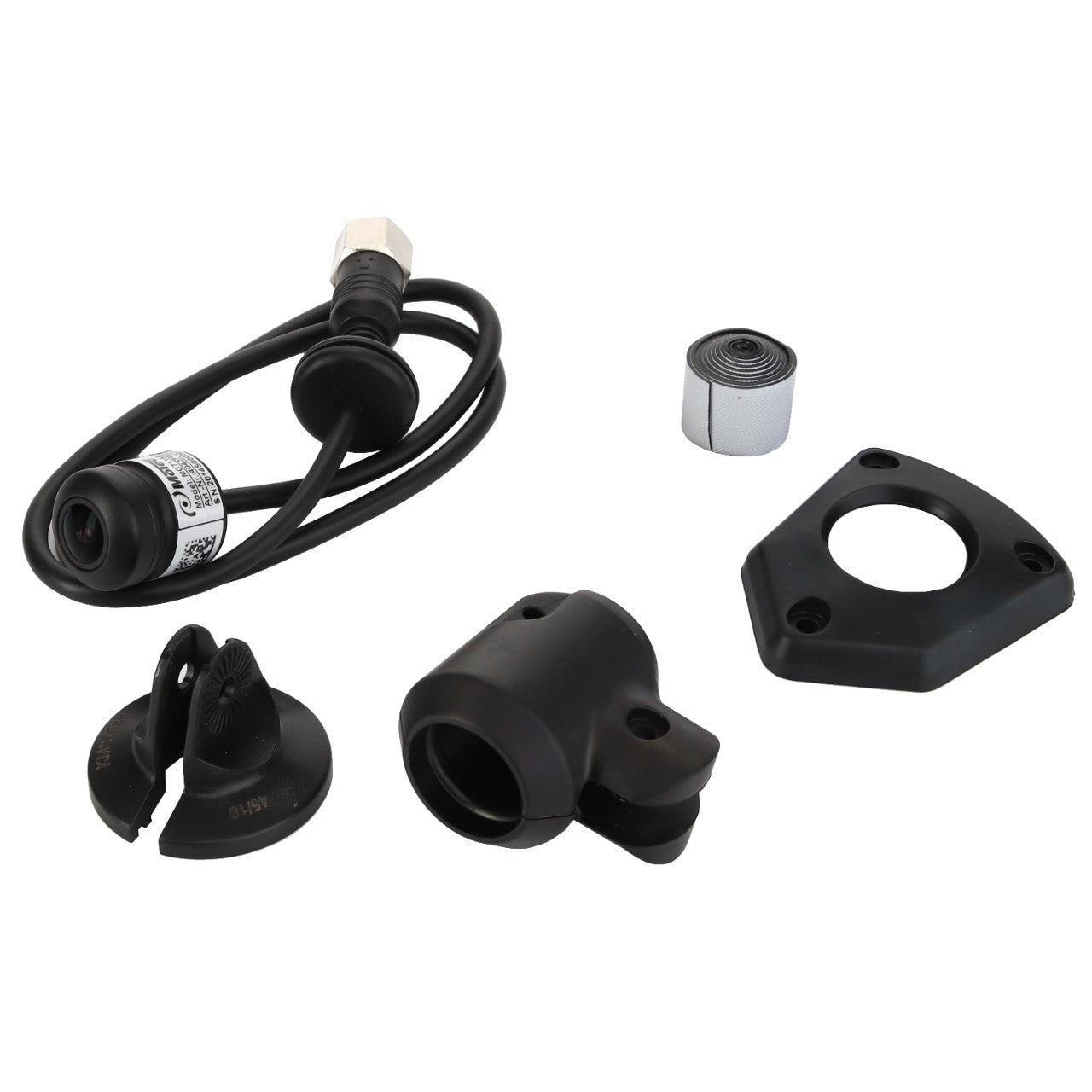 Components of the AGCO | CAMERA - ACP0533580 motorcycle sensor kit, including a wired sensor, mounting brackets, and cylindrical parts, are arranged on a white background. There is no current product description information available for this detailed assembly.