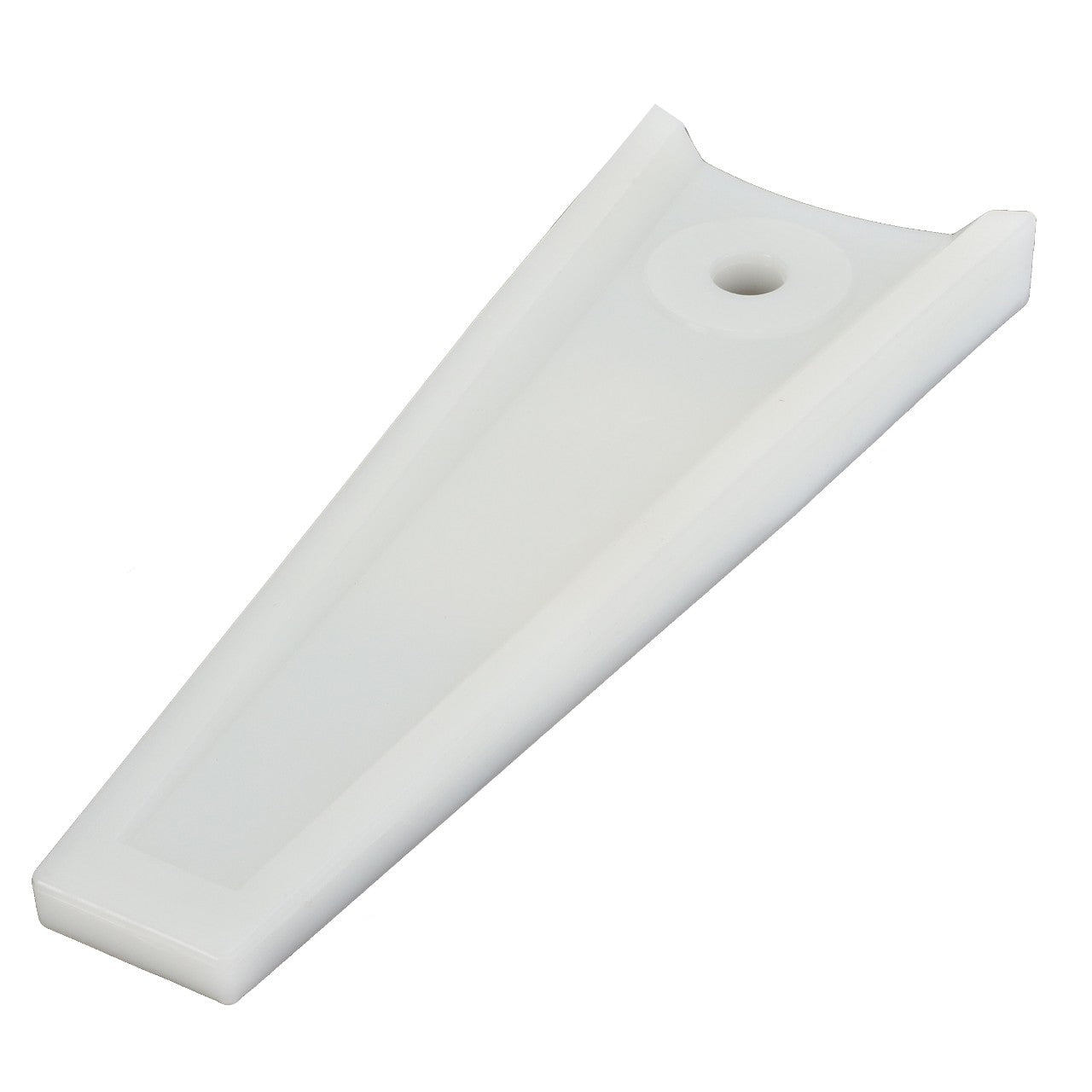 Introducing the AGCO | Finger - 4-1207-0228-0, a white plastic door stop wedge featuring a convenient small hole near the top. This reliable brand AGCO product is perfect for securing entryways in your Massey Ferguson or Fendt tractors.