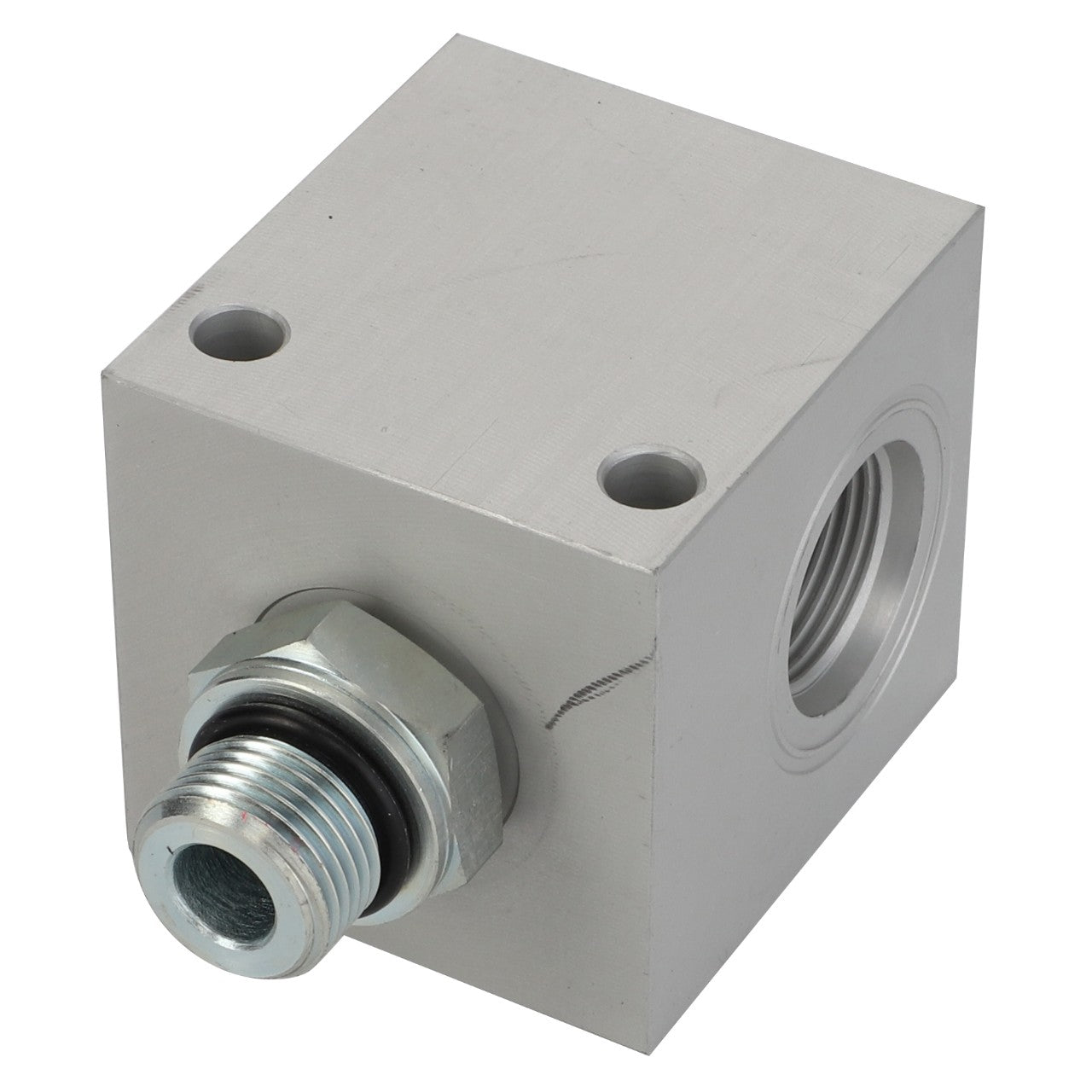 The AGCO Hydraulic Block - Acw3145420 by AGCO is a robust metal cubic component that features a threaded port on one face, an additional connector on an adjacent side, and two precise cylindrical holes on the top surface.