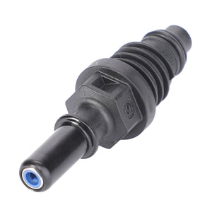 The AGCO | Def Connector - V837079428 is a black plastic automotive part with a cylindrical shape and tapered end, featuring a blue tip and hexagonal section near the middle, designed to meet OE quality standards for AGCO equipment.