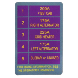 A label from AGCO Decal - Acw036003A displays five fuse specifications: 200A +12V Cab, 175A Right Alternator, 225A Grid Heater, 175A Left Alternator, and Busbar or Unused. Text at the bottom advises to refer to the operator's handbook for more information. No current product description details are available.