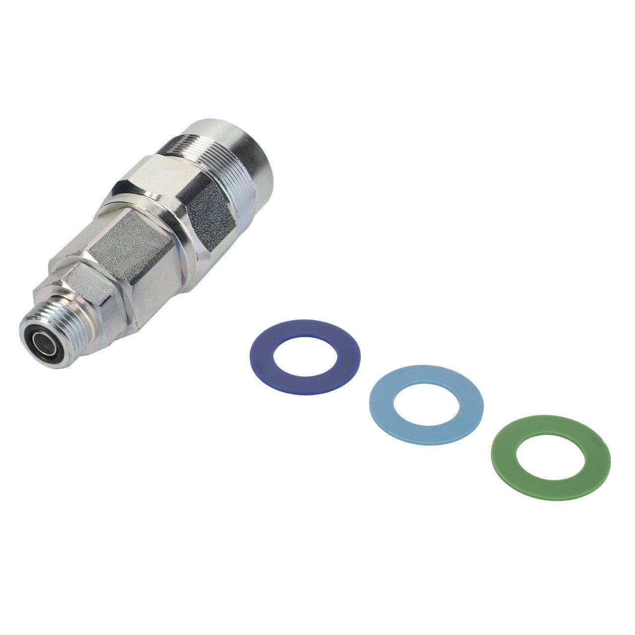 No current product description information is available for the AGCO Female Quick Coupler - Acw0551510, which comes with three color-coded washers (blue, light blue, and green) arranged beside it.