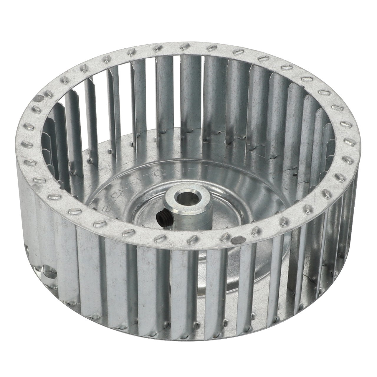 This product description information concerns the AGCO | BLOWER WHEEL - AG332162, a metallic centrifugal fan impeller with evenly spaced blades and a central hub.