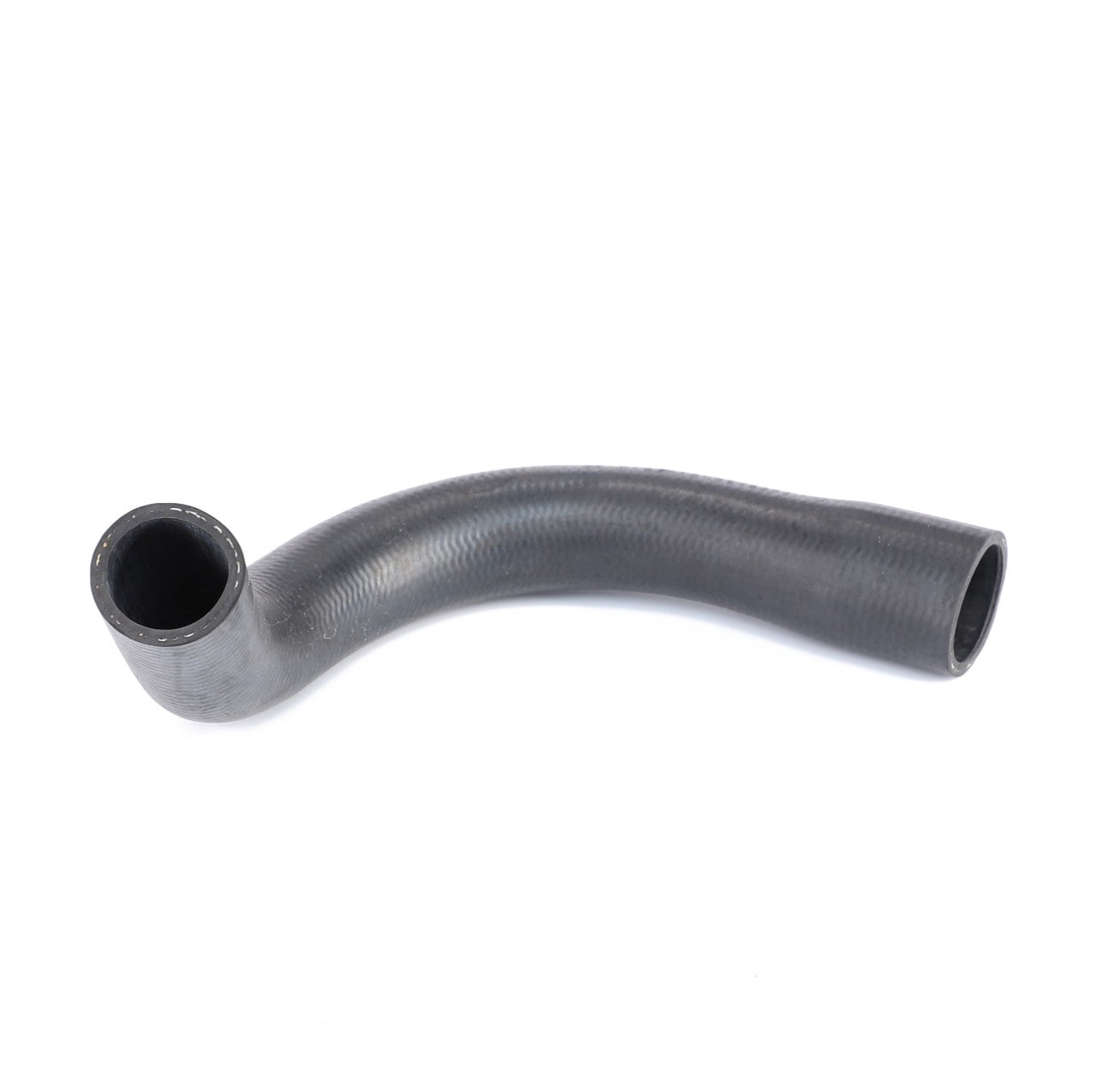 A black rubber hose, curved in shape and featuring a textured surface. Crafted from high-quality materials, this AGCO Genuine Lower Radiator Hose (1694711M3) ensures long-lasting service. Both ends are open. The background is plain white.