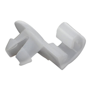 The AGCO | SPRING - 0.009.1165.0 is a small, white plastic clip featuring a forked design and curved edges, ideal for securing or holding items in place. For ordering assistance, please contact our support team.