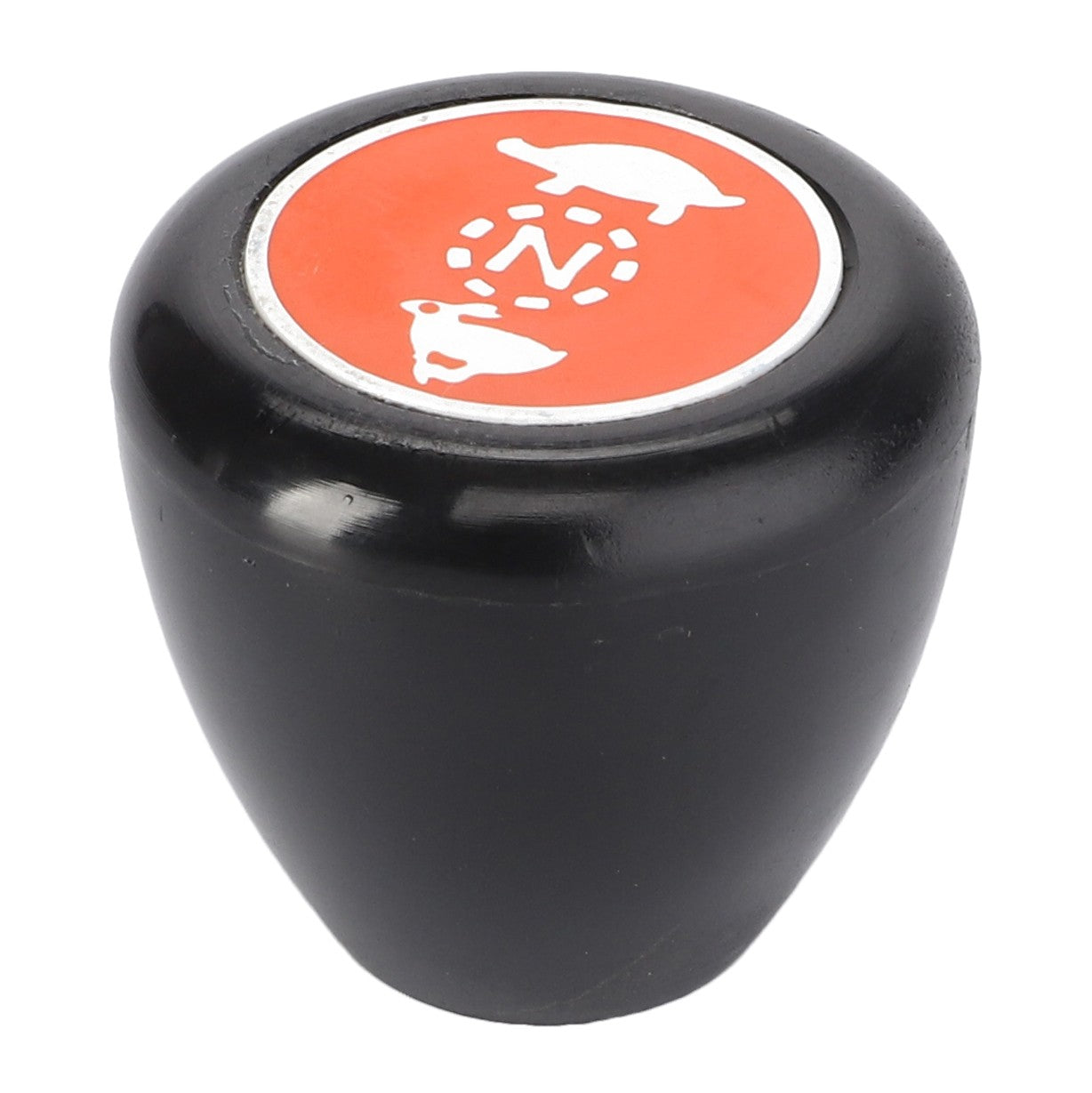 The AGCO Knob, Transmission - 3610004M1, is a black gear shift knob with a red top featuring white symbols of a turtle and a rabbit around the letter "N," designed to fit seamlessly with Massey Ferguson controls and levers.