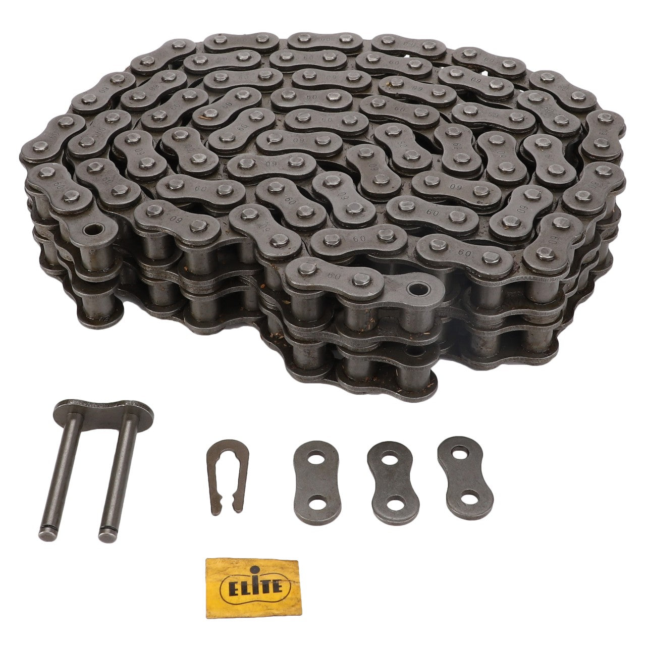 Coiled metal chain with two metal pins, a clip, two connecting links, and a yellow packet labeled "Elite." For optimal performance, these chains are Genuine AGCO Chains designed to meet technical specifications. Product Name: AGCO | Chain, Auger Drive Elevator - D26746976.