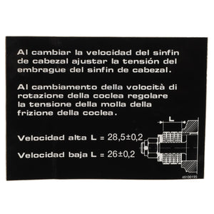 The AGCO | DECAL - D49100195 features a black and white image with instructions in Spanish and Italian for adjusting the tension of a gearbox screw. The diagram includes numerical values for both high and low speeds, along with a detailed technical illustration.