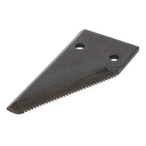 The AGCO Knife Section Half Cutting Header - D44103400 is a triangular metal blade with a serrated edge and two holes for attachment. Crafted from the highest grades of steel to strict engineering specifications, this is an AGCO Parts Genuine knife.