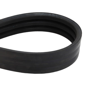 The AGCO Belt - Acw8494660, by AGCO, is a sleek black rubber belt featuring a segmented design, showcased against a pristine white background.