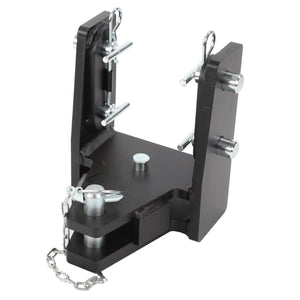 Close-up of the AGCO Trailer Hitch Frame, Drawbar Support - Acp0331840, a heavy-duty metal bracket with pins and a chain, designed for secure attachment, showcasing AGCO Parts linkage components.