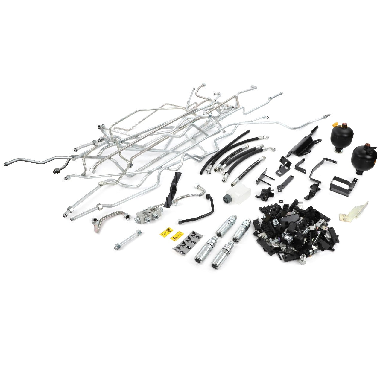 A collection of various metal and plastic car parts, including pipes, tubes, hoses, clamps, connectors, and other small mechanical components arranged on a white background. No current product description available for the AGCO Hydraulic Kit - Acp0633610.