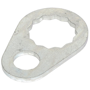 The AGCO | LOCK PLATE - CH202-8633 by AGCO is a metal washer designed with a large teardrop shape, featuring an irregularly shaped central hole and a smaller circular hole at one end, crafted to fit various components seamlessly.