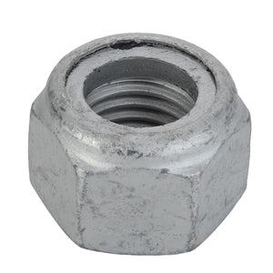 Close-up of the AGCO Hex Top Lock Nut - Acx2967670, a metallic hexagonal nut with an open threaded center. The nut shows signs of wear and a slightly rough surface texture. No current product description information is available for this item from AGCO.