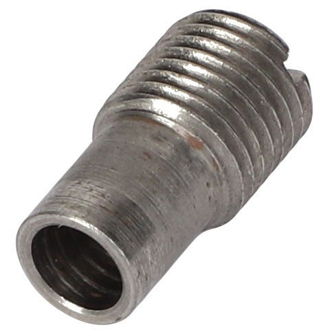 Close-up of the AGCO | VALVE CHECK - CR273, a metallic threaded insert featuring a cavity with visible threading on one end, meticulously designed for securing bolts or screws in various materials. No current product description information is available.