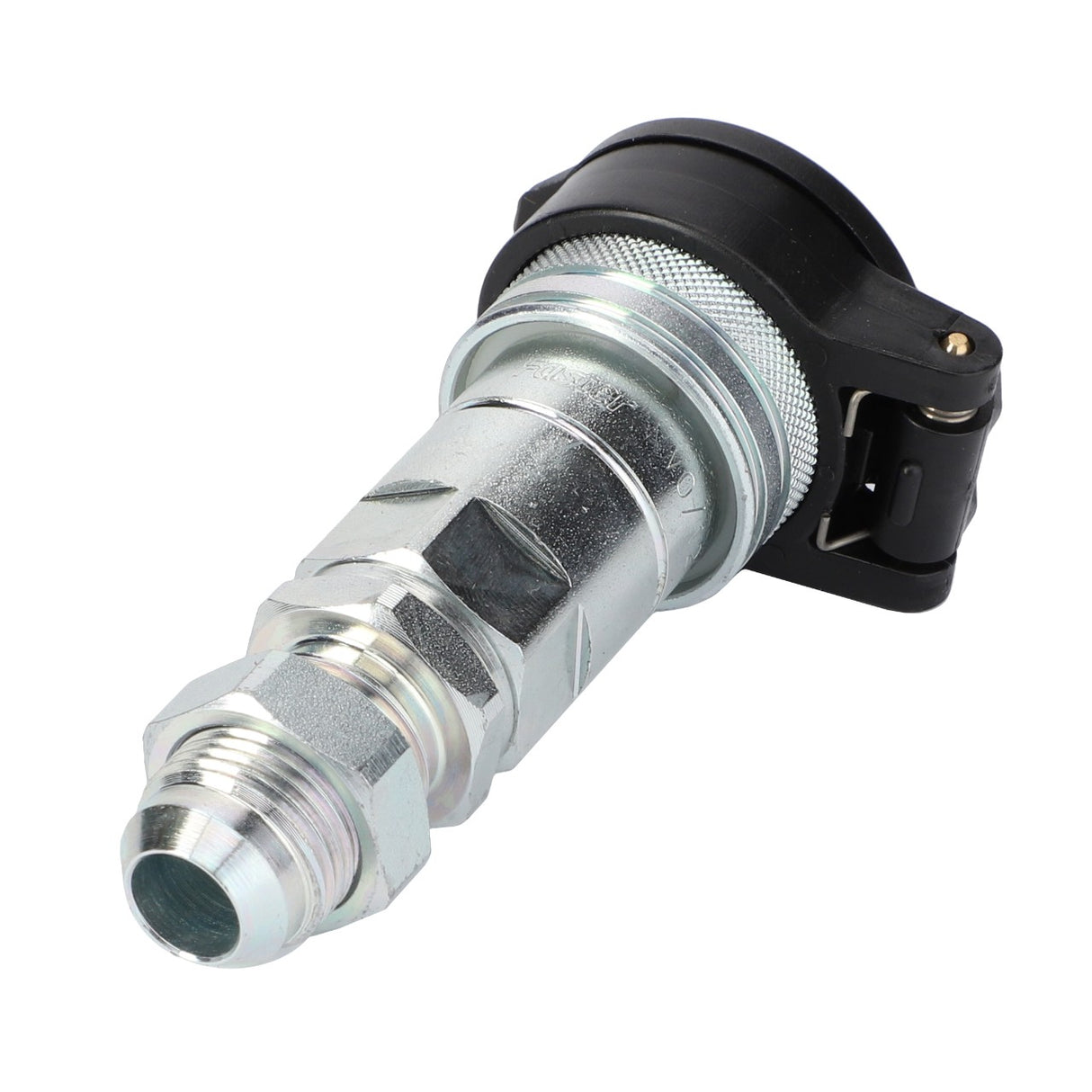 A close-up of the AGCO | QUICKLINE CONNECTOR - V30794520, showcasing its hexagonal metal body and black plastic cap. No current product description information is available.