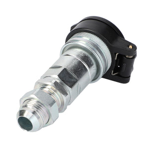 A close-up of the AGCO | QUICKLINE CONNECTOR - V30794520, showcasing its hexagonal metal body and black plastic cap. No current product description information is available.