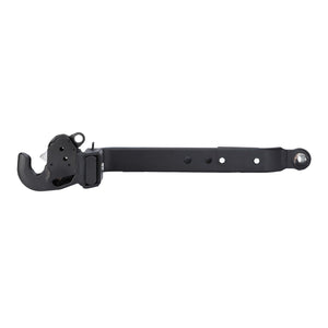 A black metal replacement part from AGCO, the Lower Link Arm, Hook End, Right Hand (Acp0327900), featuring a lever-like design with a quick-release latched hook end and multiple holes along its body.