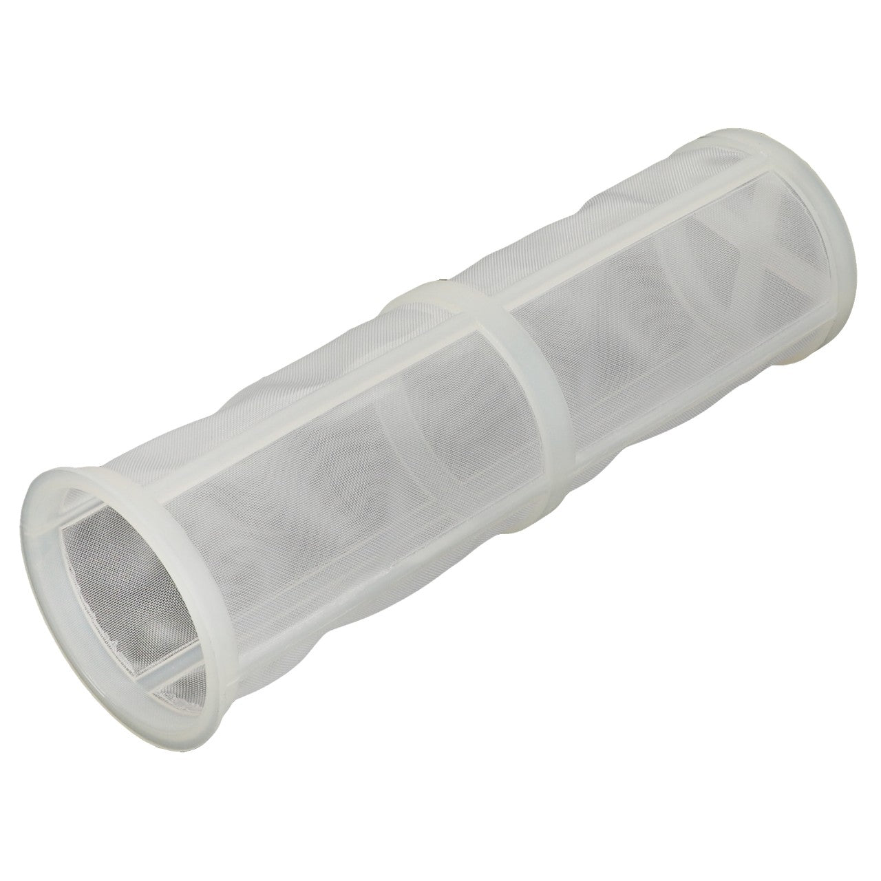 Introducing the AGCO | STRAINER - V31083500, a sleek white cylindrical mesh filter with a durable plastic frame.