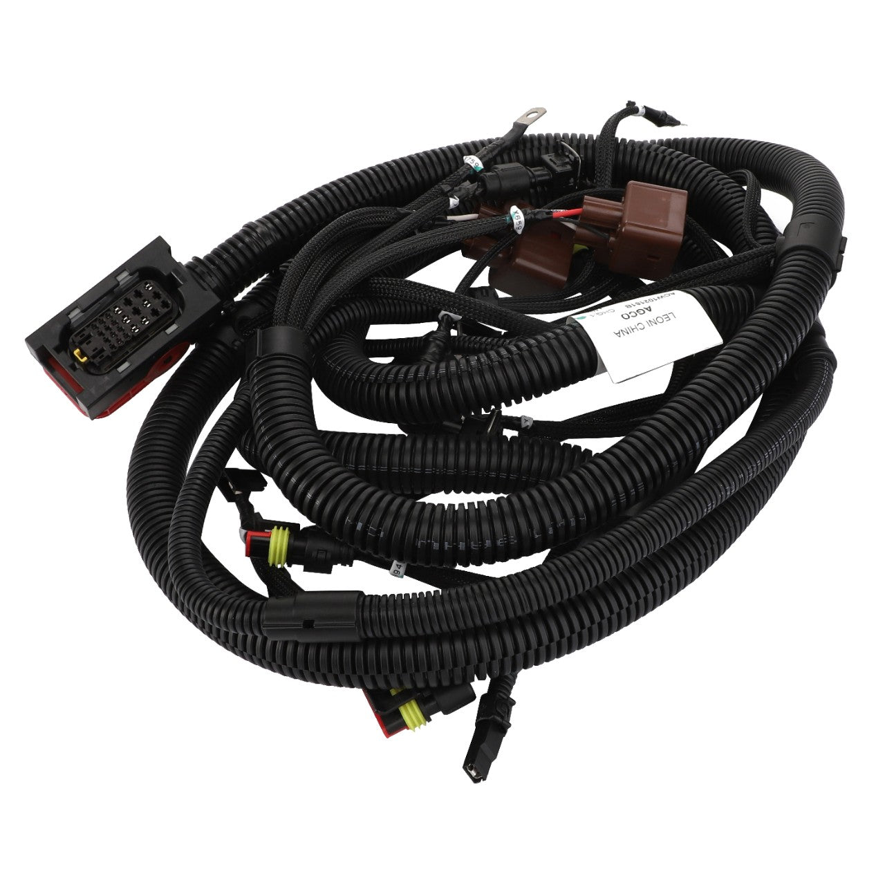 A coiled bundle of black electrical wiring harnesses with various connectors and labels attached. Product Name: AGCO | Harness - Acw102161B, Brand Name: AGCO.