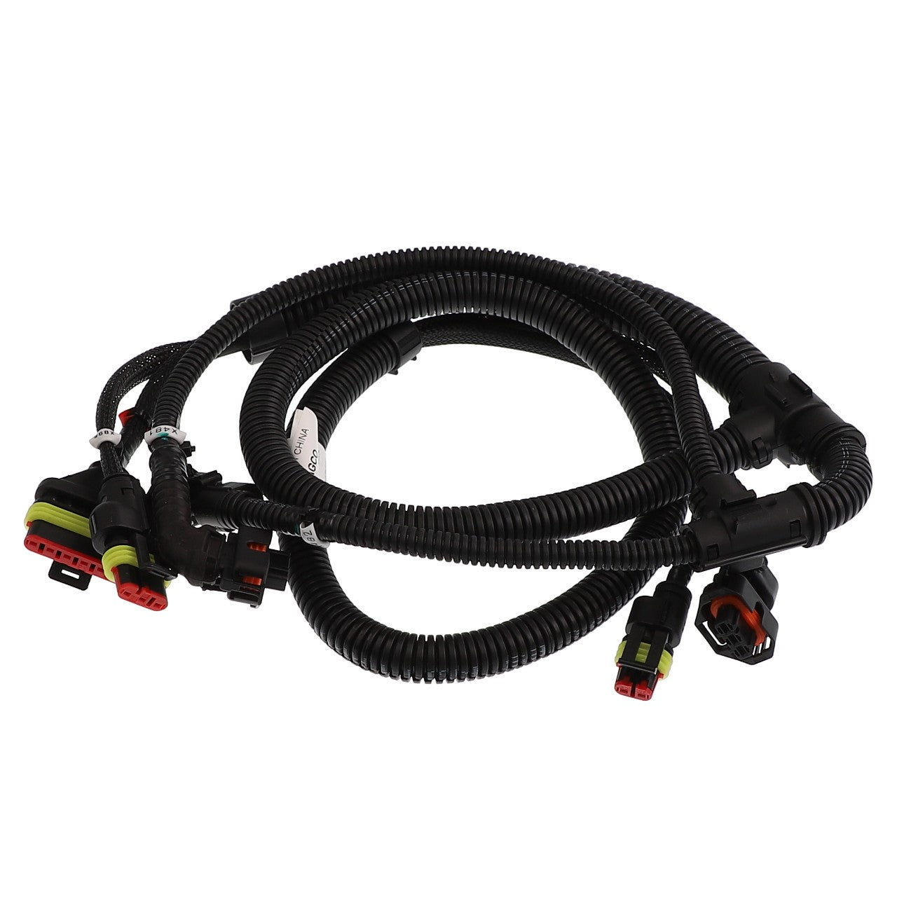 No product description is available for the AGCO Harness - Acw0201210, a coiled automotive electrical wiring harness with connectors on either end.