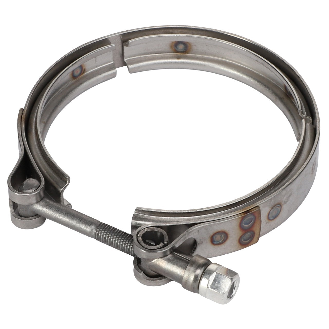 The AGCO | Clip - F842201090810, a metal V-band clamp with a T-bolt fastener, is ideal for securing exhaust components and other cylindrical parts, and is compatible with Fendt Vario S4 systems.