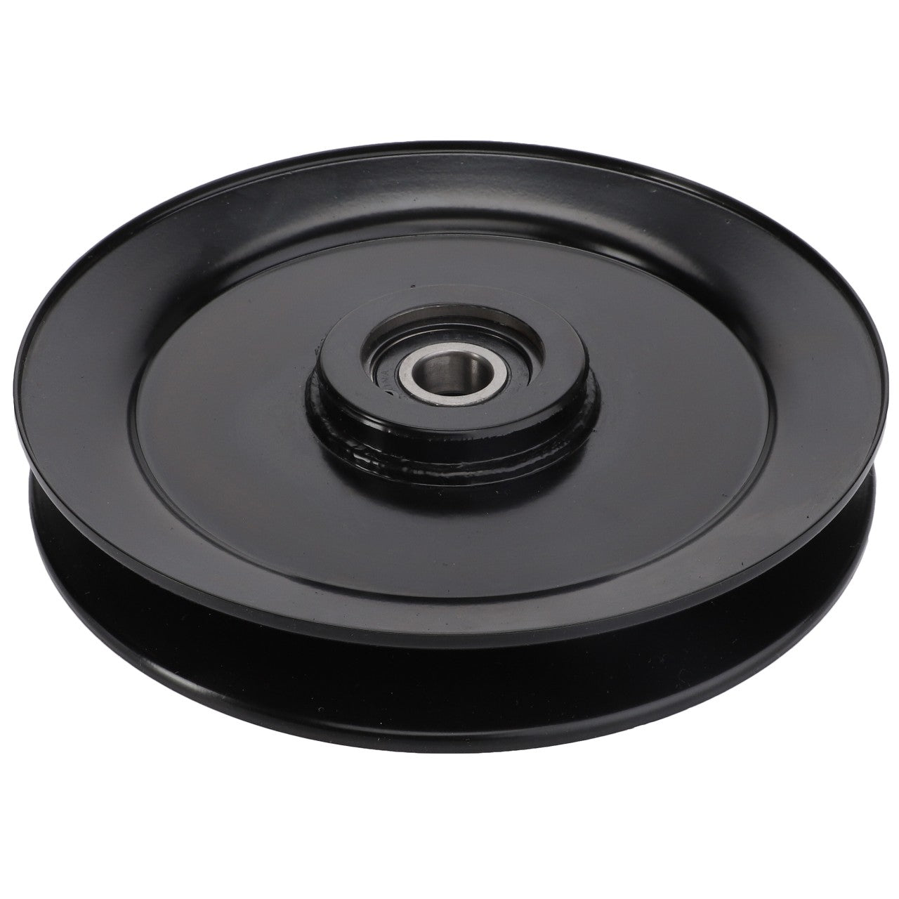 The AGCO Tensioner Pulley (ACY1560420) is a black metal pulley featuring a central bearing, specifically designed for mechanical belt systems. No current product description information is available.