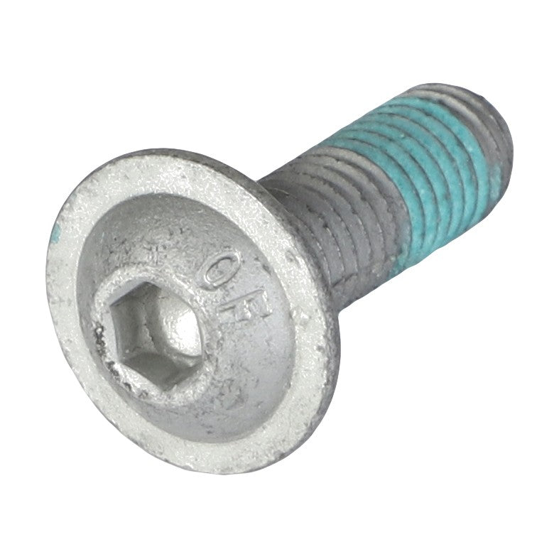 A close-up image of the AGCO | Torx Head Screw - Acw6176160, showcasing its distinctive blue thread locking coating.