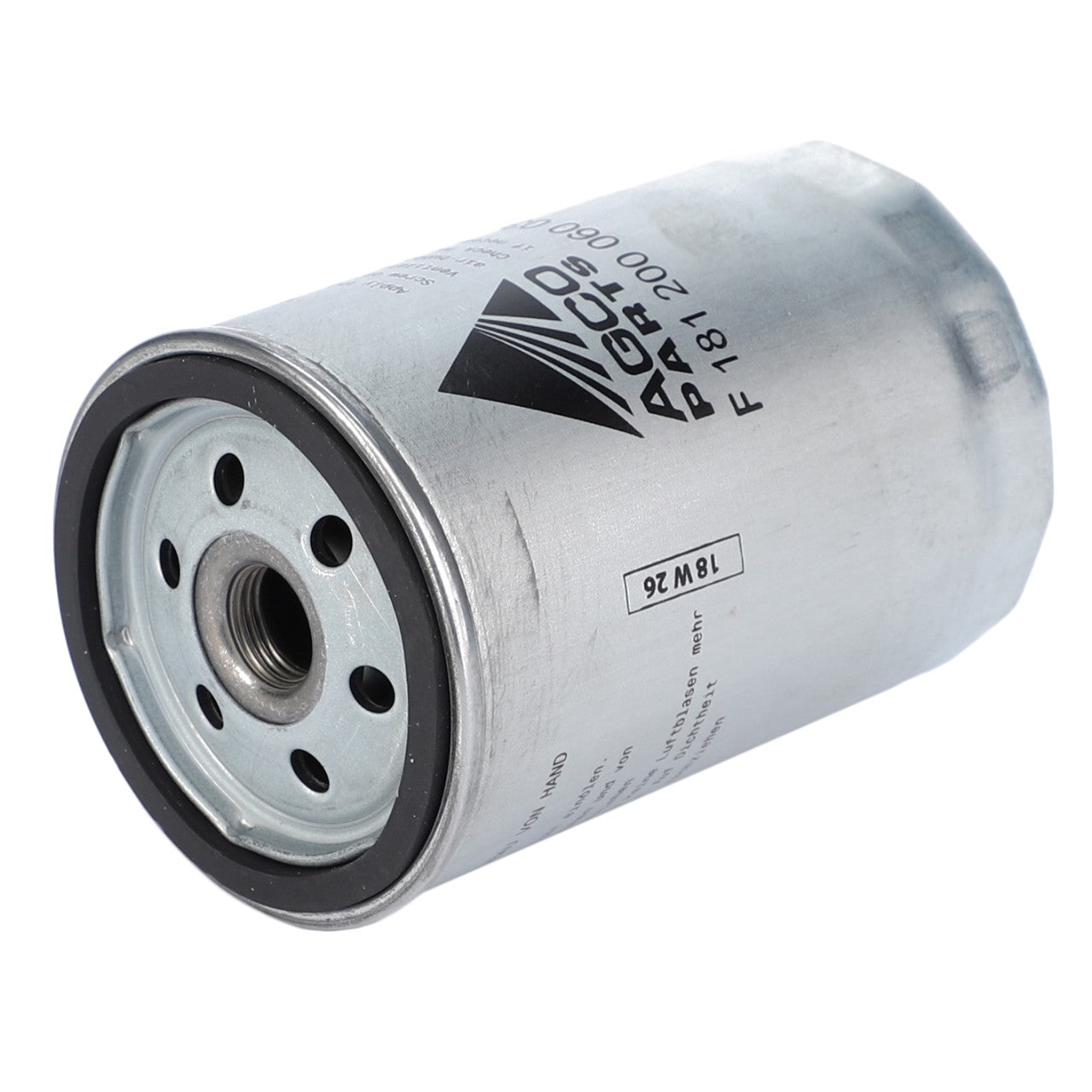 A cylindrical metallic oil filter with multiple holes on one end, featuring branding and model details printed on its surface, the AGCO Engine Oil Filter Spin On - F181200060030 offers good filtration for optimal engine performance.