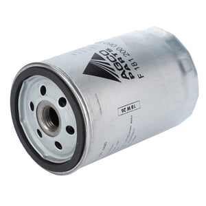 A cylindrical metallic oil filter with multiple holes on one end, featuring branding and model details printed on its surface, the AGCO Engine Oil Filter Spin On - F181200060030 offers good filtration for optimal engine performance.