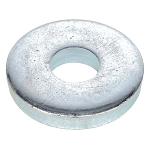 A close-up image of the AGCO | WASHER - AL5013924, a silver metal washer with a central hole, typically used in mechanical assemblies to distribute the load of a threaded fastener.