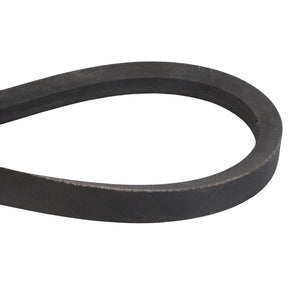 Close-up of an AGCO V BELT - D41986200 with a textured black rubber surface, forming a loop shape against a white background. No current information available.