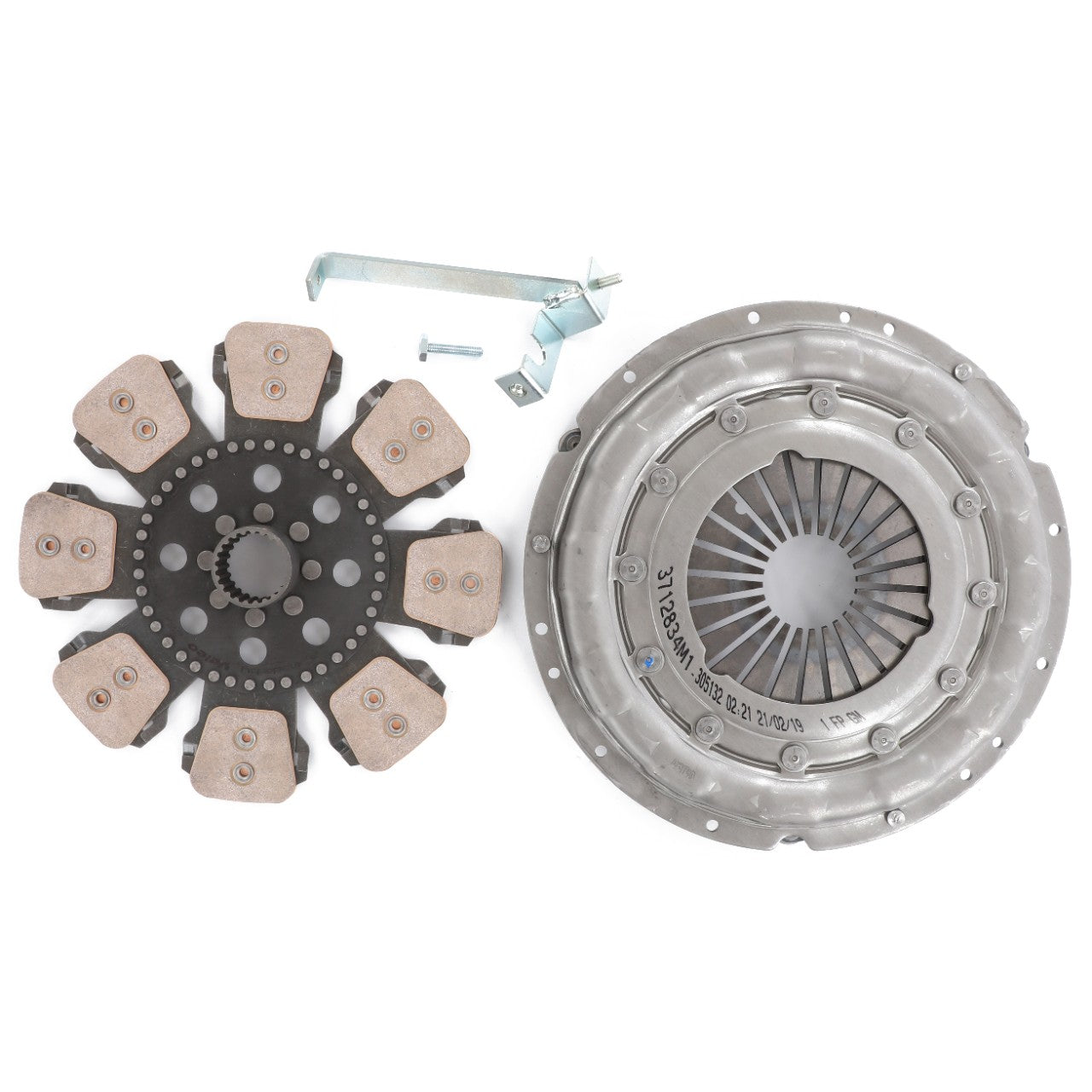 A display of the AGCO Repair Kit, Clutch - 3713267M00 showcases a pressure plate on the right, a clutch disk on the left, and a small metal bracket with a bolt above the components, all set against a white background. This kit is perfect for Massey Ferguson models and features genuine parts from AGCO for optimal performance.