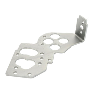 The AGCO Bracket - Acp0298210, available under the AGCO brand, does not have a current product description. This silver metal bracket features multiple circular and oval cutouts, along with a right-angle bend on one end.