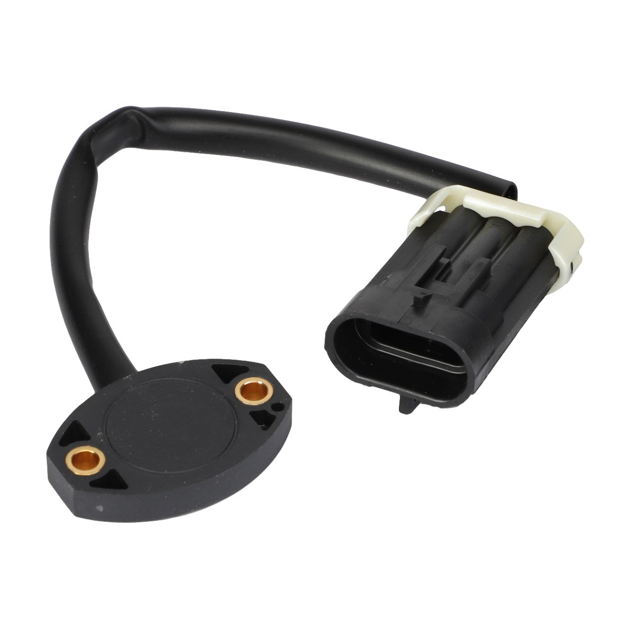 The AGCO Sensor Bale Wrapping And Emergency Stop - 0971-43-01-00 is a black sensor with a connected cable and a three-hole mounting bracket, designed for use in Valtra Models.