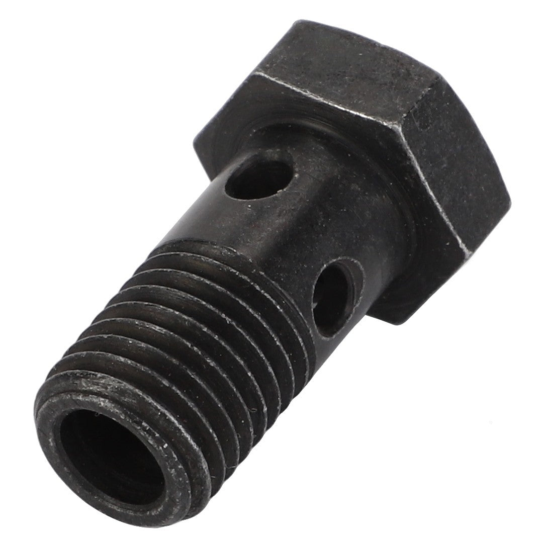 No current product description available for the AGCO Banjo Bolt - F530200050210, which is a metal component with a hexagonal head and threaded shank featuring multiple holes.