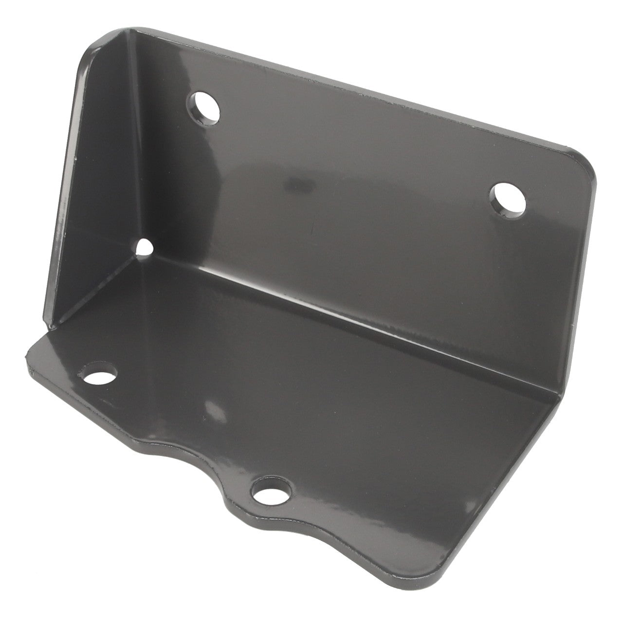 The AGCO | BRACKET - D28286844 from AGCO is a robust metal bracket meticulously designed for mounting or support purposes, featuring three holes on the bottom surface and two on the vertical surface.