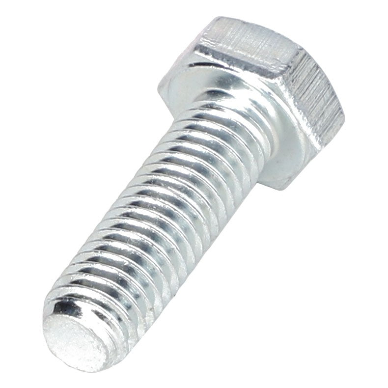 A close-up image of the AGCO | HEXAGONAL HEAD BOLT - 0901-20-68-00, a shiny, silver-colored hex bolt featuring a threaded shank and a hexagonal head from the renowned brand AGCO.