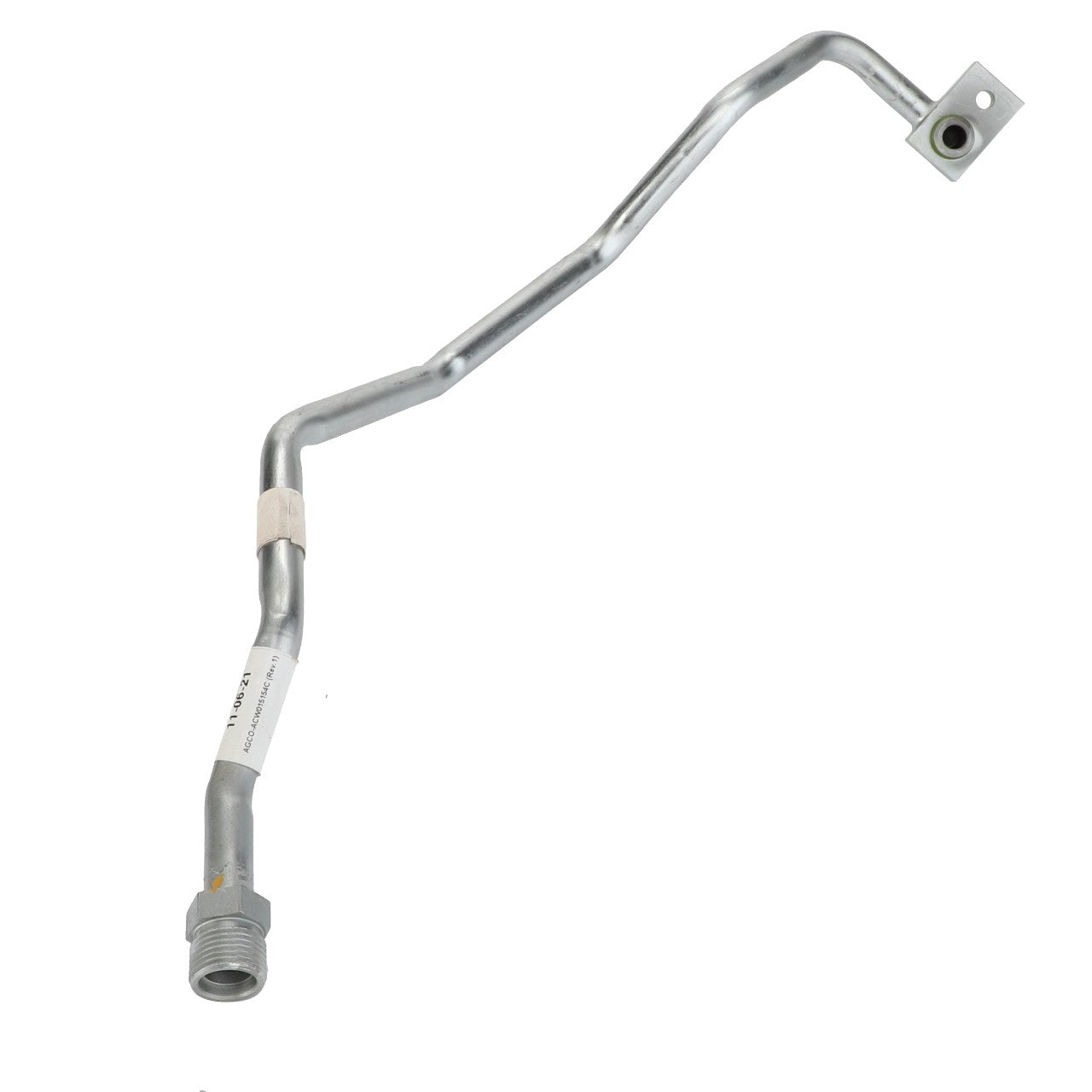 Product Description: The AGCO | Tube - Acw015154C by AGCO is a silver, metal hydraulic line featuring several bends, a threaded connector at one end, and a square bracket with a hole at the other.