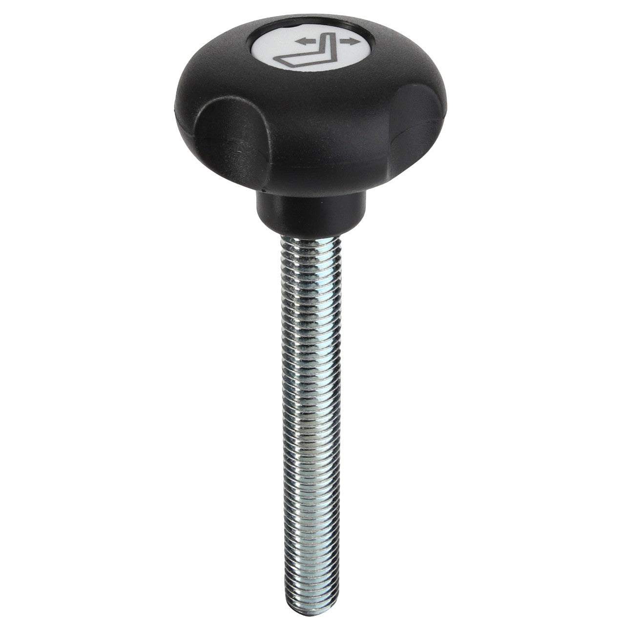 A metal bolt with a black plastic AGCO knob (Acp0417780) at the top, adorned with a white arrow symbol pointing in opposite directions.