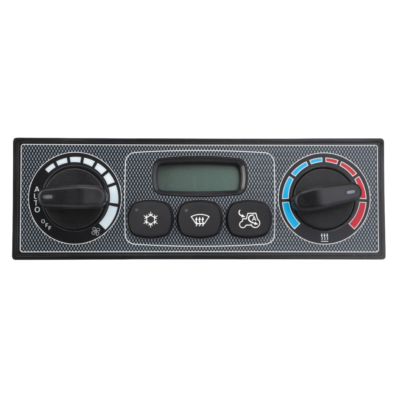 The AGCO | Control Box - Acw214632C features a control panel with two dials: the left dial allows you to adjust fan speed and settings, while the right dial is dedicated to temperature adjustments. Central buttons facilitate functions like AC and defrost. Further product description details are currently not available.