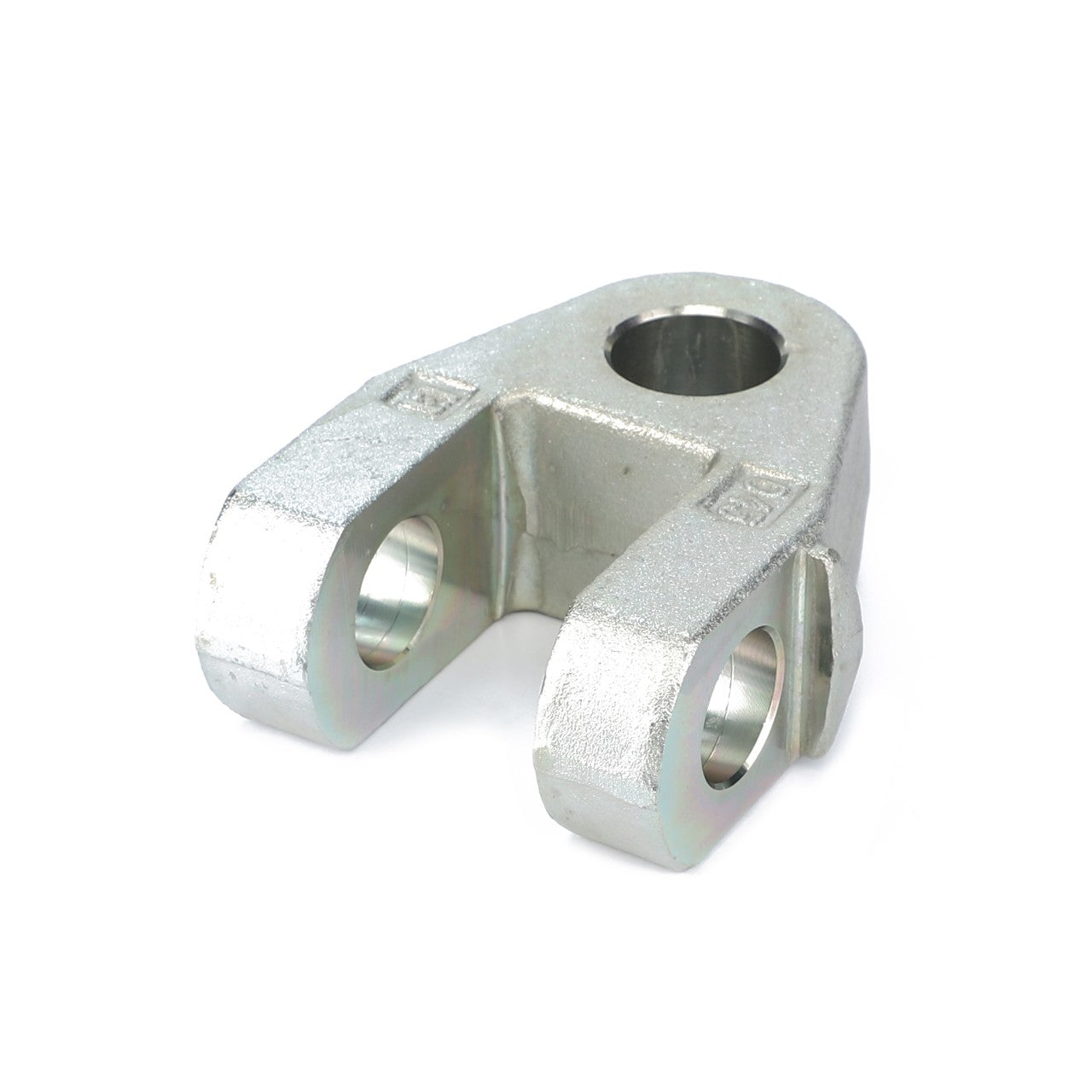 An image of a metallic U-shaped mechanical component, identified as the AGCO | Clevis, Arm - F931870050010 from AGCO, featuring a central hole and two smaller side holes, commonly utilized as hitch linkage components in AGCO Parts assemblies.